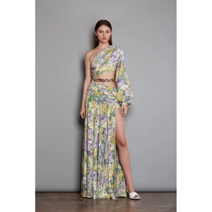 Detail of floral one-shoulder dress with sexy waist cutout and metal chain link decor