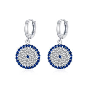 S925 sterling silver geometric hoop earrings featuring blue and white crystal evil eye charms