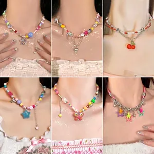 Colorful Beaded Necklace Acrylic Heart Butterfly Star Pendant Alloy Y2K Dopamine Sweet Style Jewelry For Women Girls