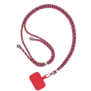 Detail of adjustable woven phone lanyard with durable red connector pad and metal buckle