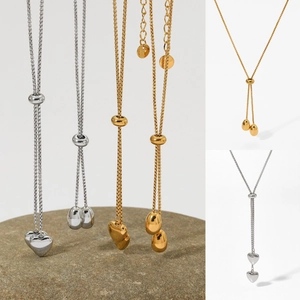 Heart Water Drop Pendant Y-Necklace Stainless Steel Adjustable Sliding Buckle Lariat Chain For Women