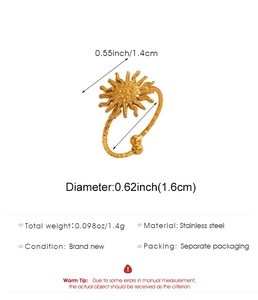 Detail showing stainless steel sunflower ring with hammer texture and size specifications