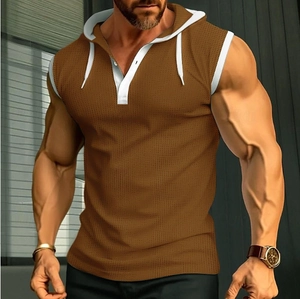 Detailed close-up of brown hooded sleeveless tank top in breathable mesh fabric