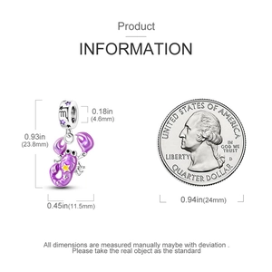 Detailed size specifications for the purple enamel Scorpio charm with coin comparison