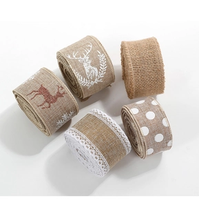 Set of 5 burlap Christmas ribbons with white elk and snowflake prints for gift wrapping