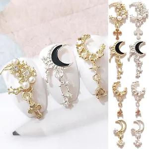 Crescent Moon Star Cross Nail Art Charms Alloy Rhinestone Artificial Pearl Enamel Pendant DIY Manicure Accessories For Women