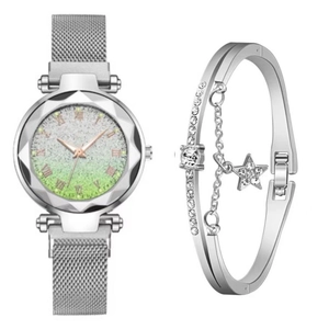 Detail of silver mesh strap quartz watch with gradient glitter dial and star bracelet