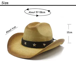 Detailed size chart for the straw cowboy hat showing 58cm head circumference and 9cm brim