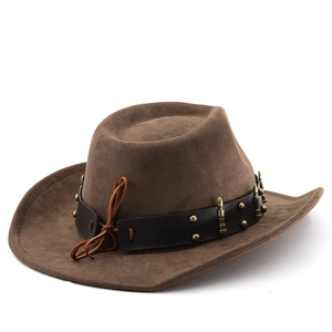 Detail of dark brown faux suede cowboy hat with studded leather band and metal bullets