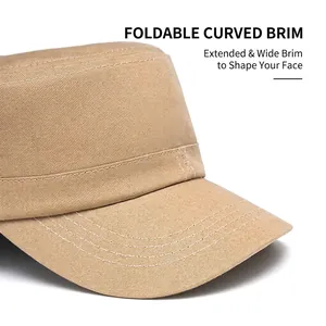 Men's khaki flat top army cap featuring a widened foldable brim and reinforced stitching