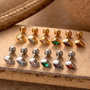 Surgical steel barbell stud earrings with colorful square zircon stones set in gold and silver