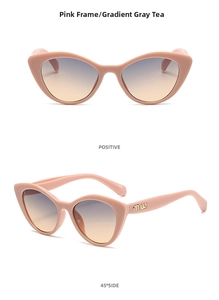 Pink cat-eye sunglasses with gradient lenses and gold logo detail, front and side view