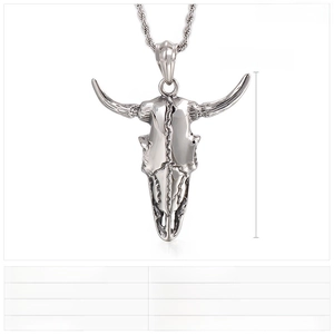 Detailed view of punk style stainless steel bull skull pendant with exact dimensions