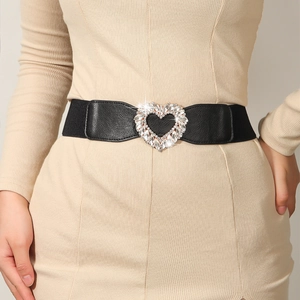 Vintage Heart Rhinestone Elastic Waist Belt For Women Black Fashion Decorative Cinch Belt For Dresses Suit Jackets