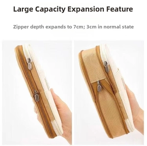 Detail showing the expandable zipper function increasing pen bag depth from 3cm to 7cm