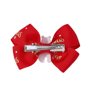 Christmas red bow hair clip with gold Merry Christmas print and silver alligator clip