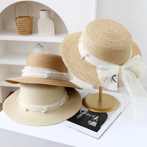 Damen Eleganter Strohhut Boater Hut Französischer Stil Breite Krempe Sonnenschutz Papierstroh Netzschleife Künstliche Perle Strand