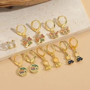 Butterfly Clover Figure Dangle Hoop Earrings Copper Colorful Zirconia Retro Delicate Fashion Jewelry For Women