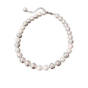 Elegant white pearl and silver textured metal bead choker necklace for women