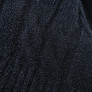 Close-up of navy blue thermal knit beanie showing thick jacquard wool texture and fleece