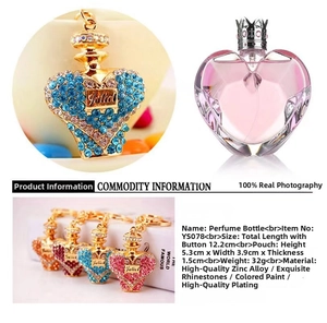 Detail view of heart-shaped perfume bottle keychain with crystal rhinestones and enamel finish
