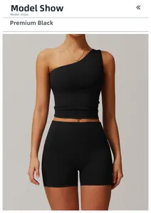 Detail of black one-shoulder yoga top and high-waisted shorts on a fitness model