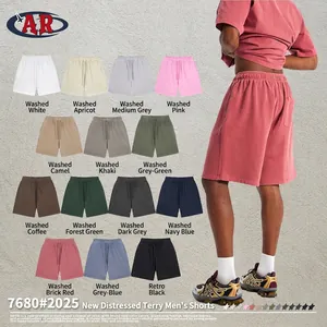 Men Shorts Cotton Heavyweight French Terry Elastic Drawstring Waist Washed Retro Streetwear Athletic Vintage Casual