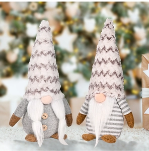 Close-up of a pair of Christmas gnomes featuring grey knits and long plush beards
