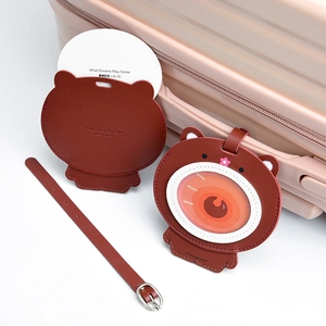 Set of two cute brown leather cartoon bear luggage tags with adjustable PU strap for suitcases