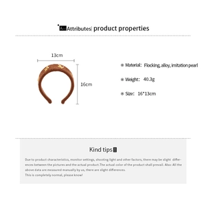 Detailed size chart for brown flocked headband with pearl accents and dimensions