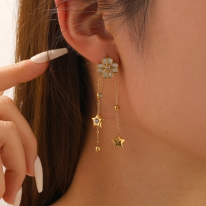 Gold stainless steel tassel earrings with white shell flower and dangling star charms