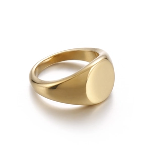 Polished 18K gold plated stainless steel signet ring for men and women on white background