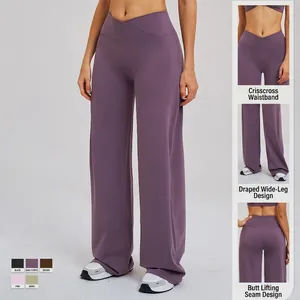 Pantalon de sport large pour femme à taille croisée en tissu brossé de couleur lavande