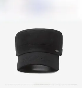 Front view of black twill cotton cadet cap with decorative ribbon and metal accent