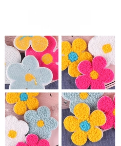 Detail of chenille sunflower embroidery patches in various candy colors for DIY sewing
