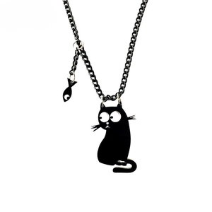 Detail of gothic black cat and fish pendant necklace with durable black cross chain