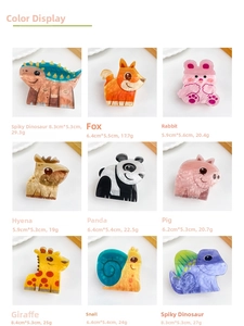 Detailed size and weight specifications for cute acrylic animal hair clips in various styles