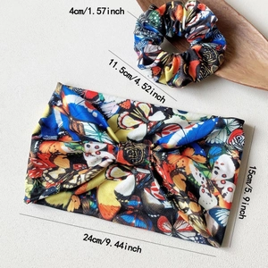 Women's butterfly print yoga headband and scrunchie set with size measurements