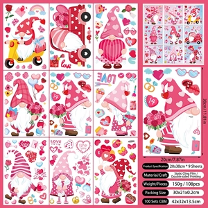 Detailed view of 9-sheet Valentine's Day gnome window decals set with 108 static stickers