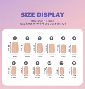 Detailed size chart for solid color press-on nails with lengths from 14mm to 22mm