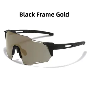 Detail of black frame cycling glasses with gold lens and aerodynamic temple vents