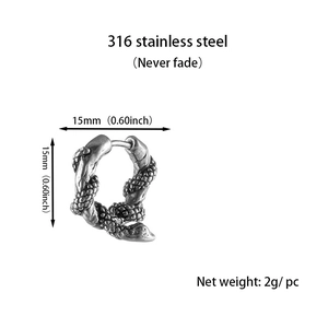 Antique silver 316L stainless steel snake hoop earring with precise 15mm size dimensions