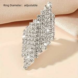 Sparkling geometric crystal open ring with layered rhinestone steps in silver finish