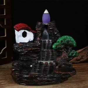 Zen landscape incense burner with misty smoke waterfall and miniature resin mountain