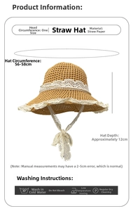 Detail of straw hat showing white lace trim and measurement specs for 56-58cm head size