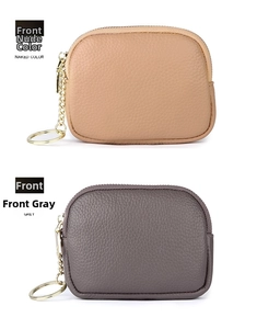 Front view of naked and grey leather coin purses with litchi texture and gold hardware
