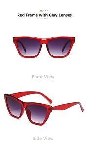 Detail of red transparent cat eye sunglasses with gradient grey lenses from dual views