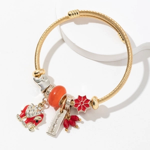 Adjustable golden stainless steel bracelet with red elephant charm and orange crystal beads