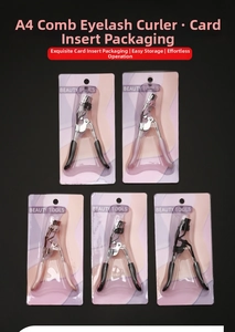 Detailed view of lash curlers with comb in various colors and card packaging