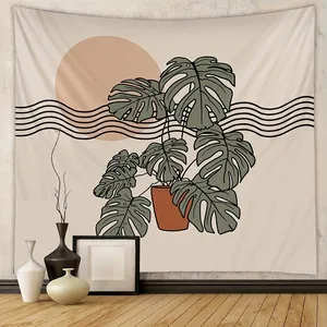 Polyester Wall Tapestry Monstera Plant Print Sunset Wave Illustration Nordic Minimalist Bedroom Living Room Decoration